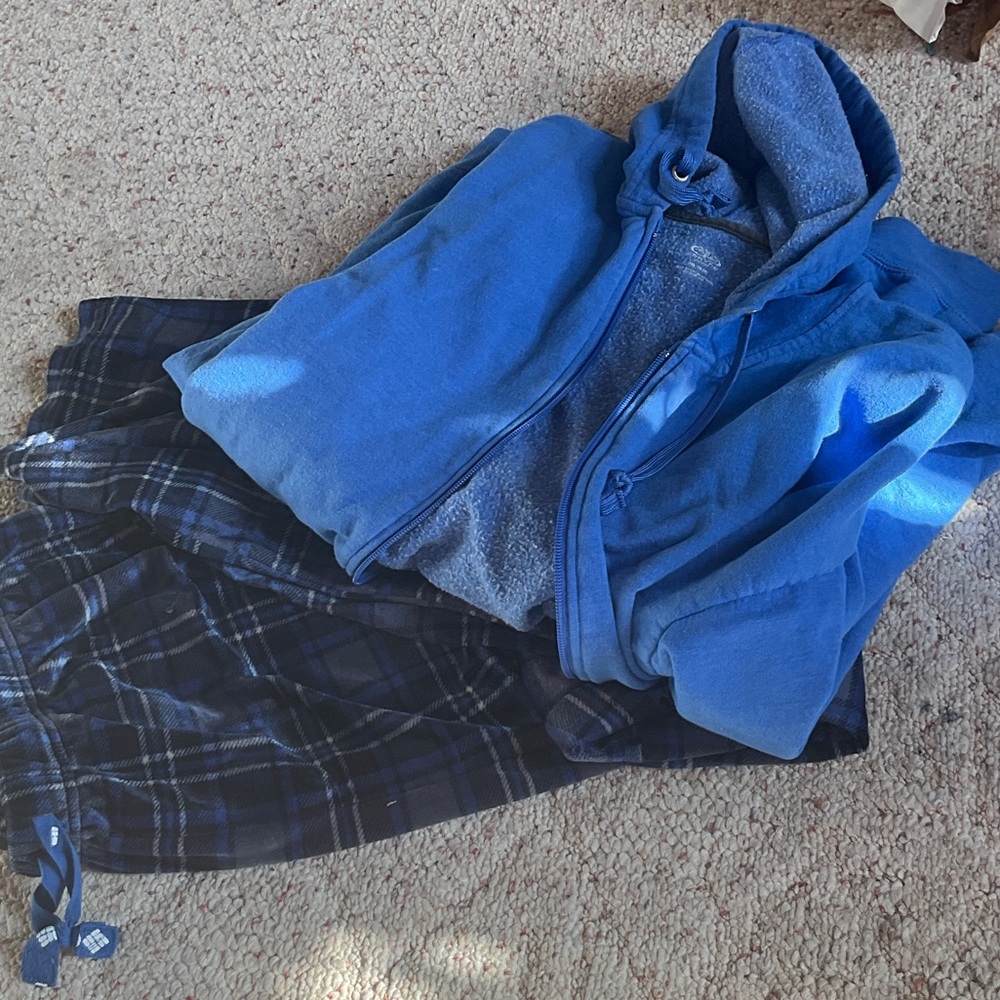 Blue Zip-Up Hoodie and Plaid Pajama Pants Set - Blue